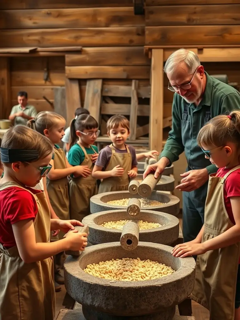 A vibrant image of children participating in a hands-on milling workshop, grinding wheat using traditional tools under the guidance of an experienced miller.