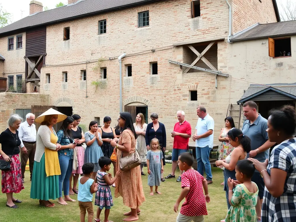 A photograph showcasing a community event at the mill, with people of all ages participating in cultural activities and celebrations.