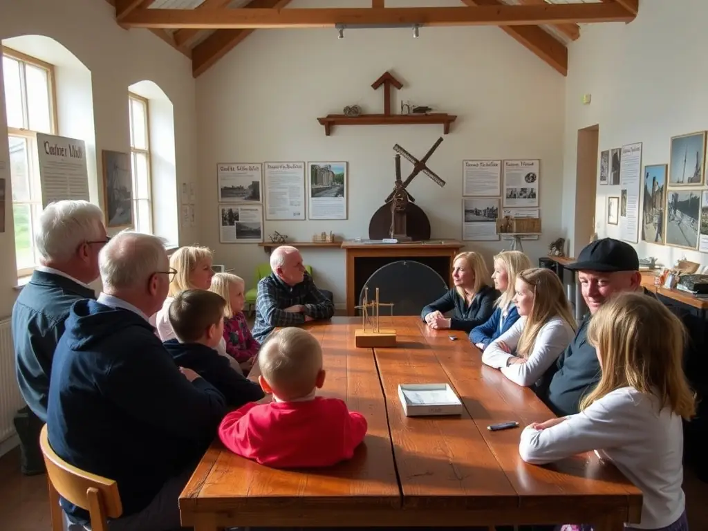 A photograph of visitors on a guided tour of the mill, with a knowledgeable guide explaining the history and mechanics of the milling equipment.