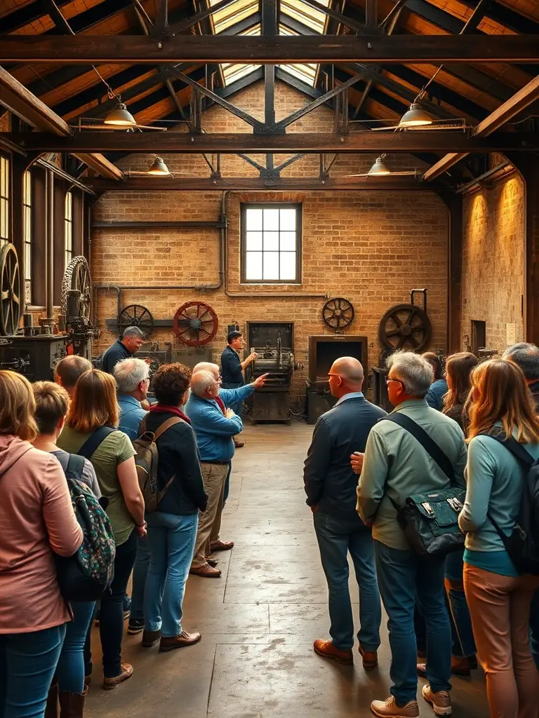 A photograph of a guided tour group listening attentively as a knowledgeable guide explains the history and mechanics of the mill's machinery.