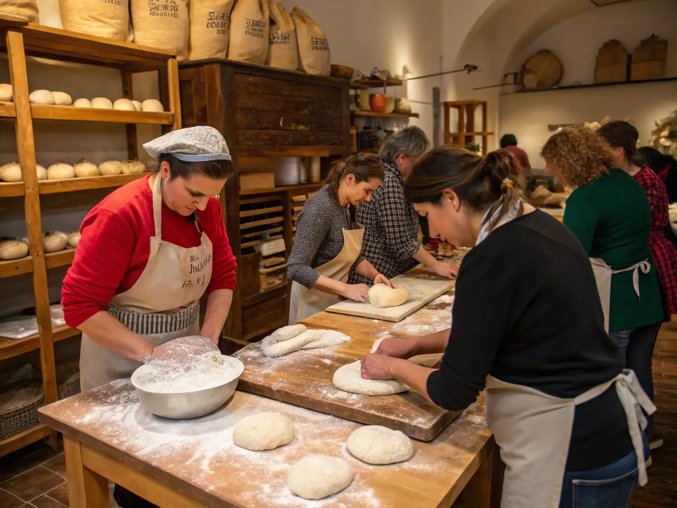 A group of children participating in a bread-making workshop at the mill, learning about traditional milling techniques and the process of creating bread from grain.