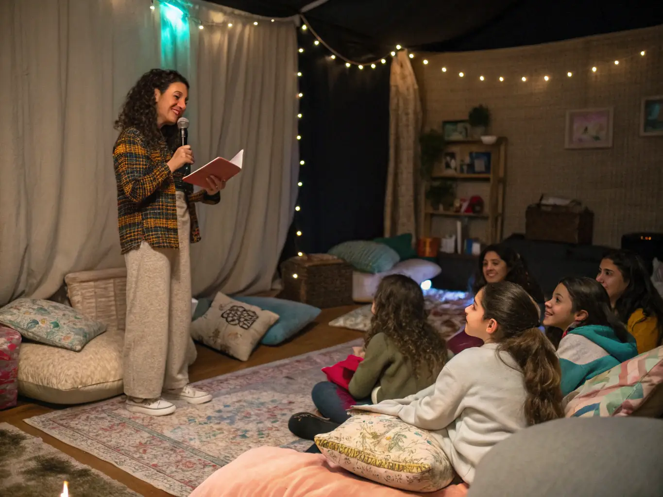 A scene from a storytelling session, with a storyteller captivating an audience with tales of the mill's history and local folklore.