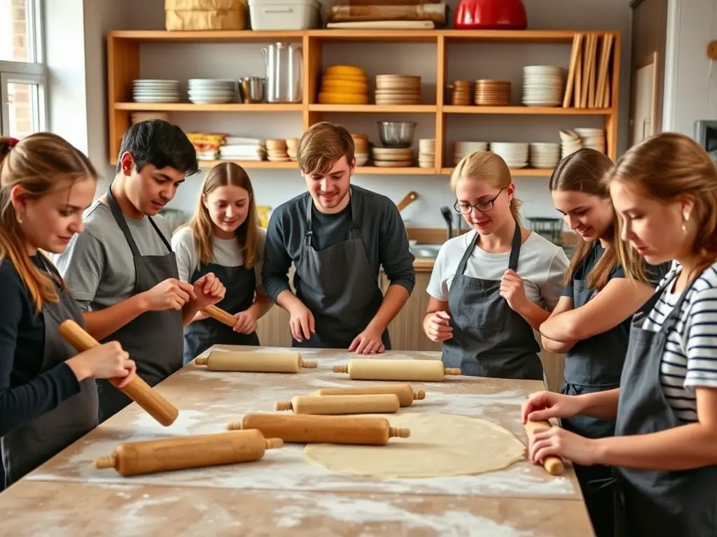 A group of children participating in a bread-making workshop at the mill, learning about traditional milling techniques and the process of turning grain into bread.