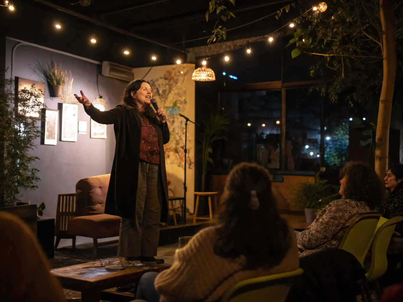 A scene from a storytelling session at the mill, with a storyteller captivating an audience with tales of local history and folklore.