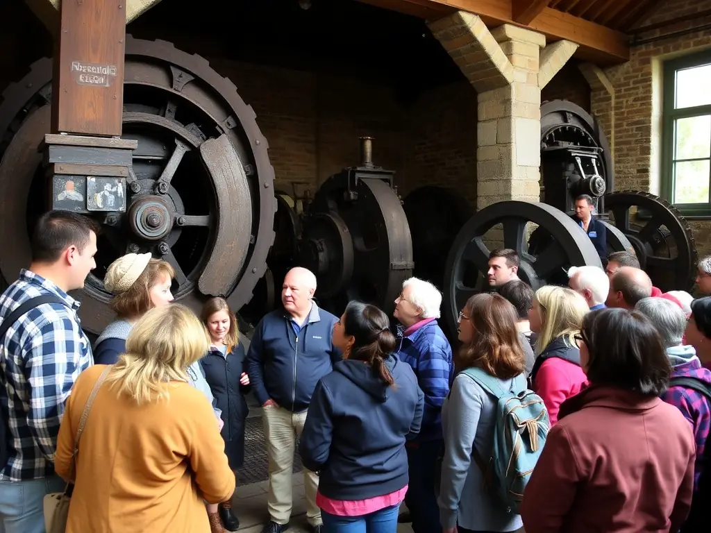A photograph of a tour guide leading a group of visitors through the historic mill, explaining the workings of the machinery and the history of the site.